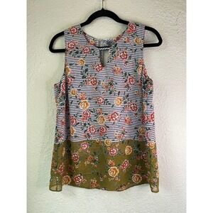 Cabi Floral Tank Top Striped Sleeveless Keyhole Blouse Casual S